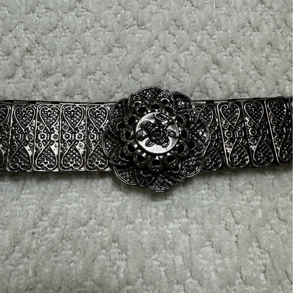 Vintage Silver Tone Metal Stretch Elastic Belt With Rose Buckle Women’s main image 9